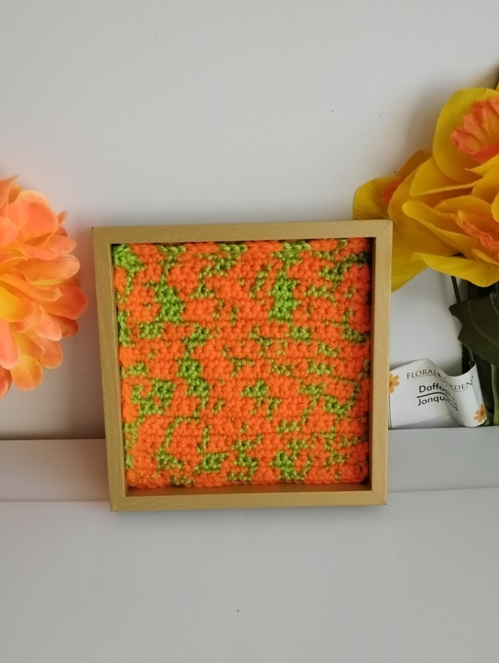 Handmade Orange and Green Fiber Art Wall Square - People Dancing Abstract